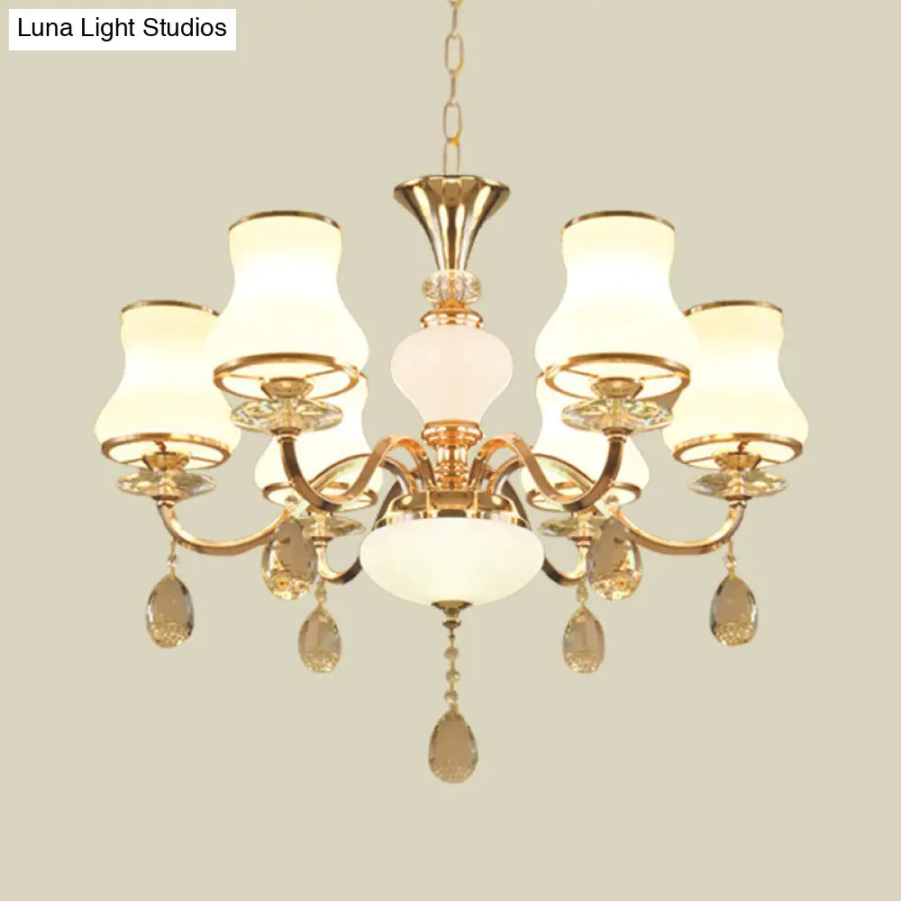 Sleek Opal Glass 6-Light Crystal Ceiling Light - Champagne Bell Hanging Chandelier For Bedrooms