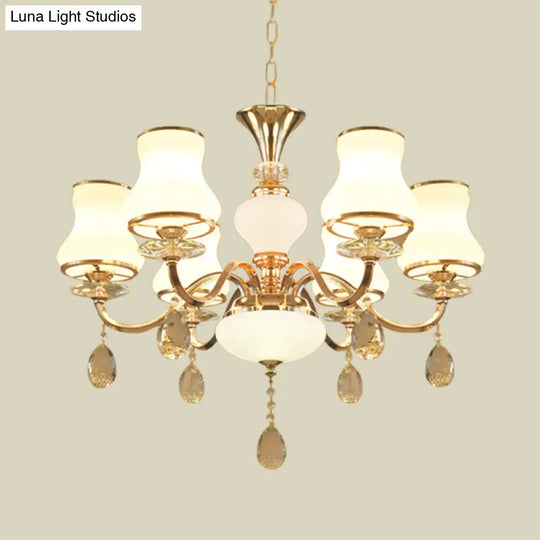 Sleek Opal Glass 6-Light Crystal Ceiling Light - Champagne Bell Hanging Chandelier For Bedrooms