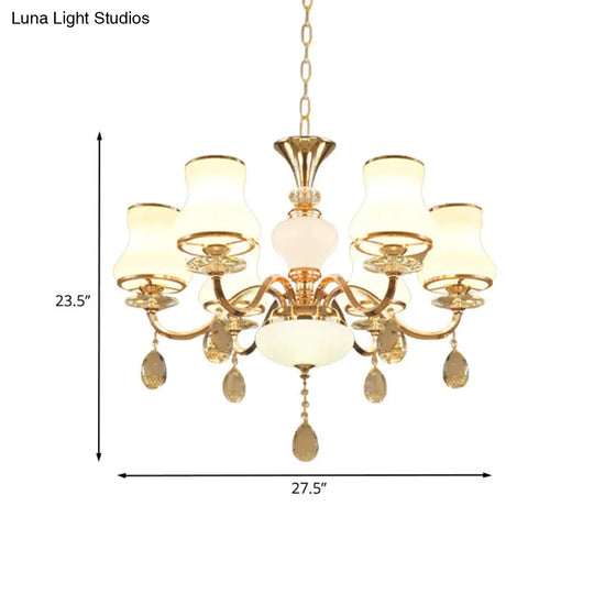 Sleek Opal Glass 6-Light Crystal Ceiling Light - Champagne Bell Hanging Chandelier For Bedrooms
