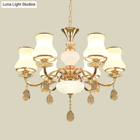 Sleek Opal Glass 6-Light Bedroom Crystal Chandelier – Champagne Bell Design
