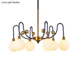 Sleek Opal Glass Pendant Chandelier - Modernist Spherical Down Lighting Black-Gold Finish 6/9 Bulb