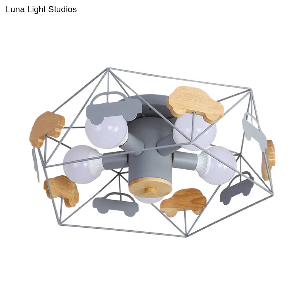 Sleek Pentagon Frame Semi-Mount Metal Lighting Macaron In Grey/Green/Pink Finish – 5 Bulbs