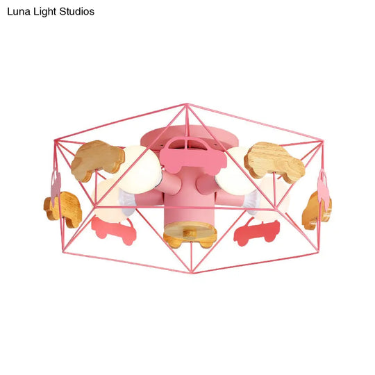 Sleek Pentagon Frame Semi-Mount Metal Lighting Macaron In Grey/Green/Pink Finish – 5 Bulbs