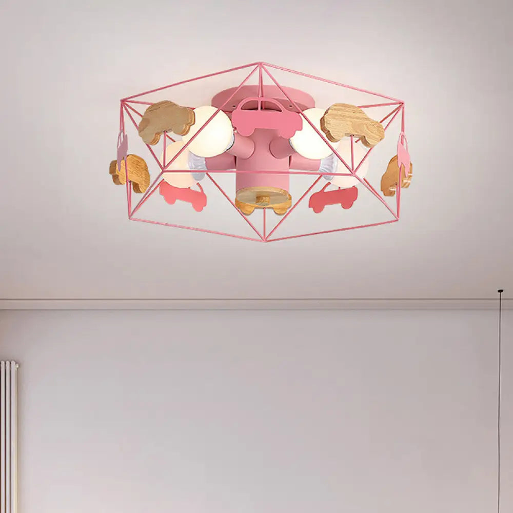 Sleek Pentagon Frame Semi-Mount Metal Lighting Macaron In Grey/Green/Pink Finish – 5 Bulbs