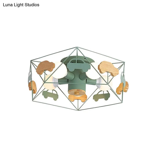 Sleek Pentagon Frame Semi-Mount Metal Lighting Macaron In Grey/Green/Pink Finish 5 Bulbs Ceiling