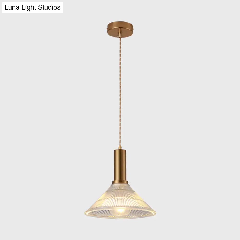 Sleek Single-Bulb Hanging Lamp With Ribbed Glass Shade: Elegant Pendant Light For Bedrooms Brass /