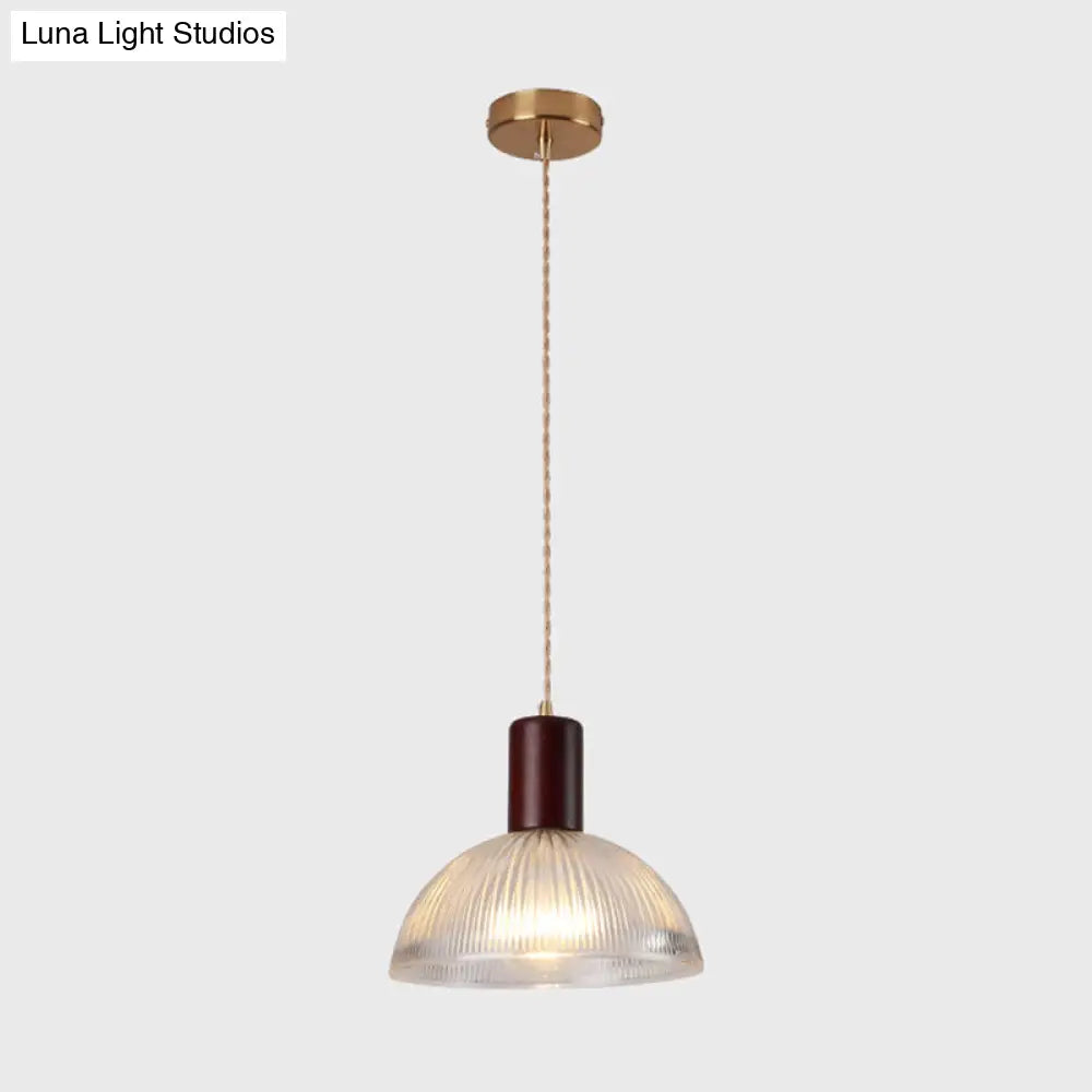 Sleek Single-Bulb Hanging Lamp With Ribbed Glass Shade: Elegant Pendant Light For Bedrooms Brown /