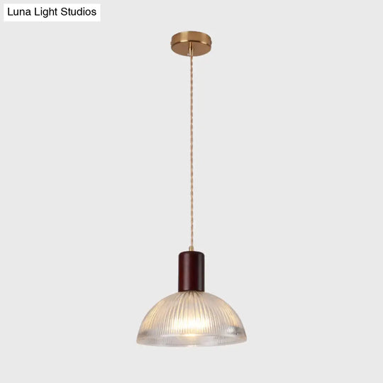 Sleek Single-Bulb Hanging Lamp With Ribbed Glass Shade: Elegant Pendant Light For Bedrooms Brown /