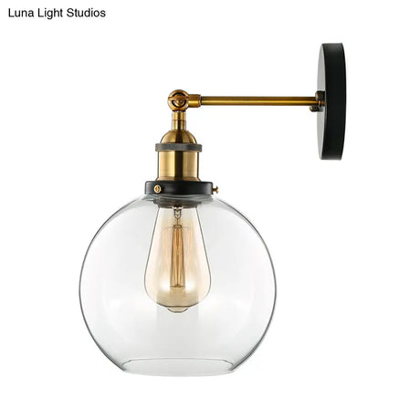 Sleek Spherical Brass Wall Light Fixture With Clear Glass - Industrial Style 1-Light Sconce Lamp For
