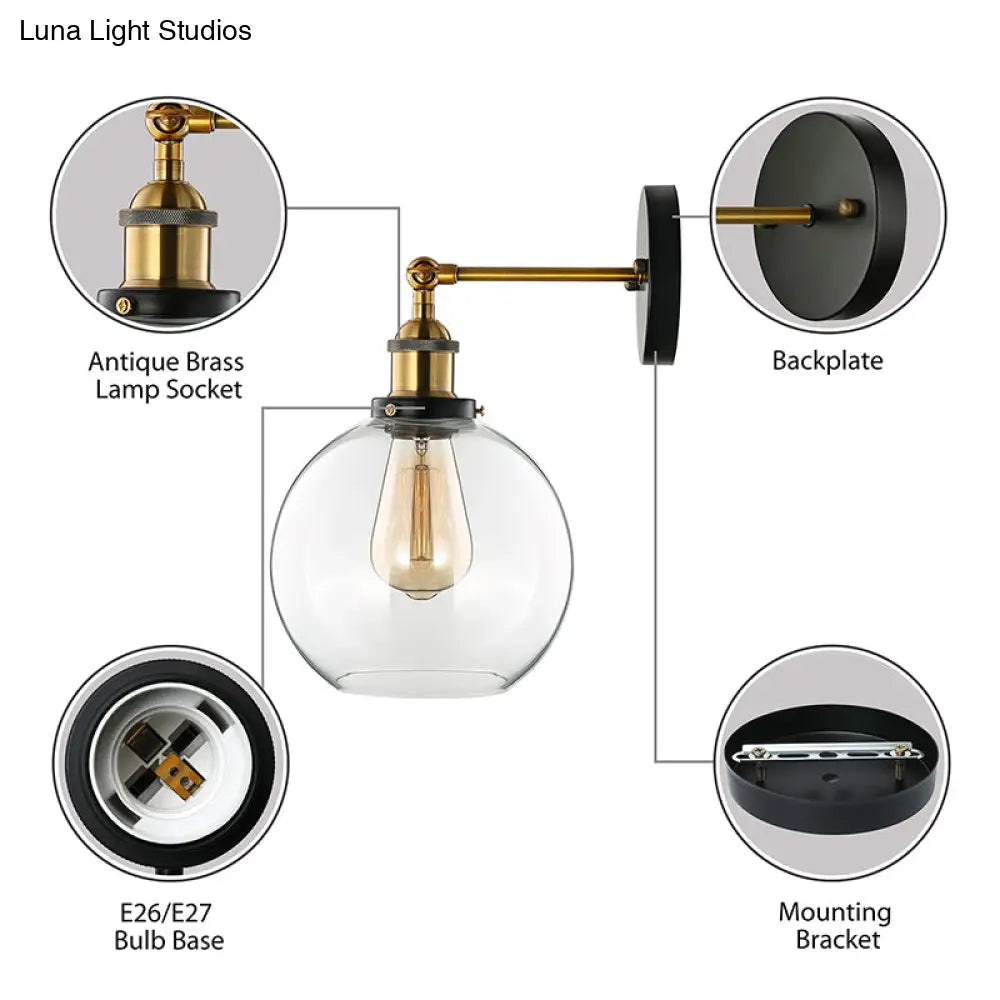 Sleek Spherical Brass Wall Light Fixture With Clear Glass - Industrial Style 1-Light Sconce Lamp For