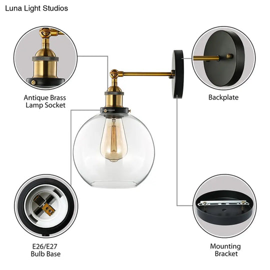 Sleek Spherical Brass Wall Light Fixture With Clear Glass - Industrial Style 1-Light Sconce Lamp For
