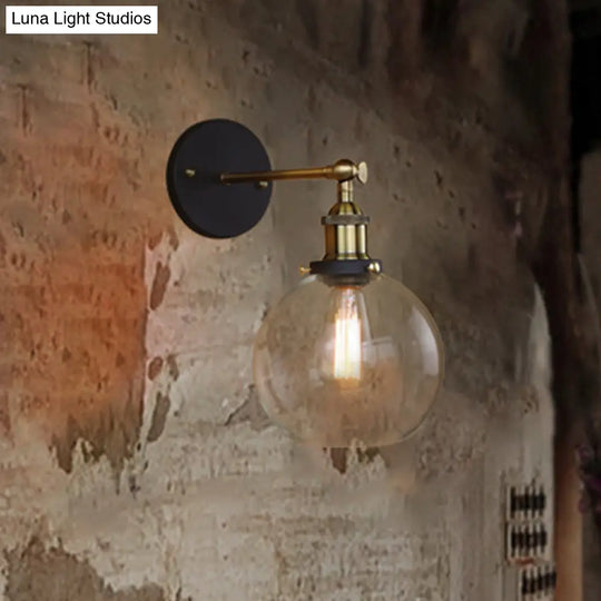 Sleek Spherical Brass Wall Light Fixture With Clear Glass - Industrial Style 1-Light Sconce Lamp For