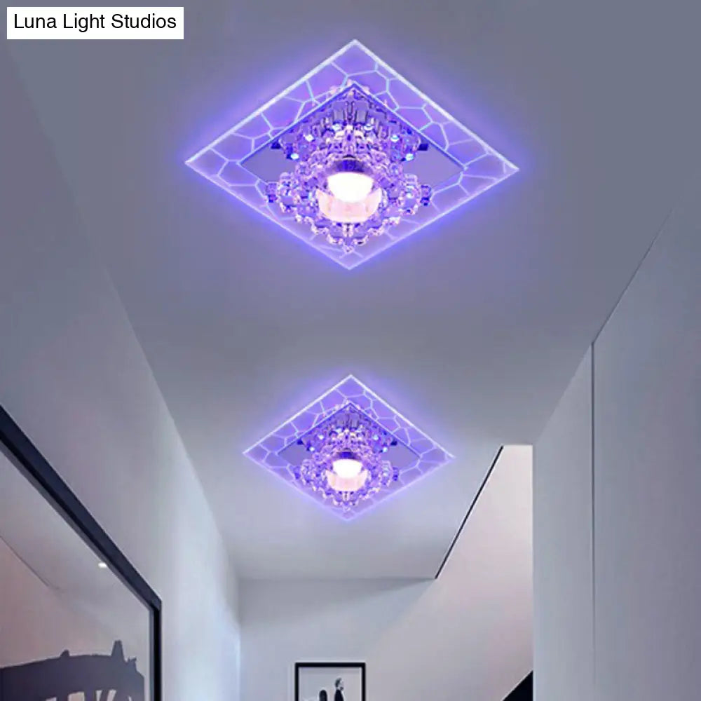 Sleek Square Led Flush Mount Crystal Ceiling Light – Clear Corridor Fixture / 3W Blue