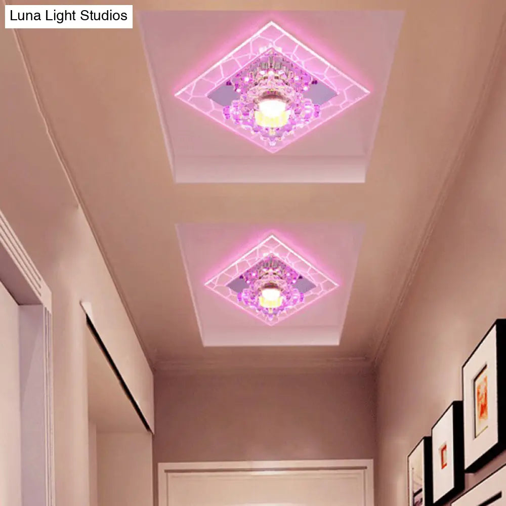 Sleek Square Led Flush Mount Crystal Ceiling Light – Clear Corridor Fixture / 3W Purple