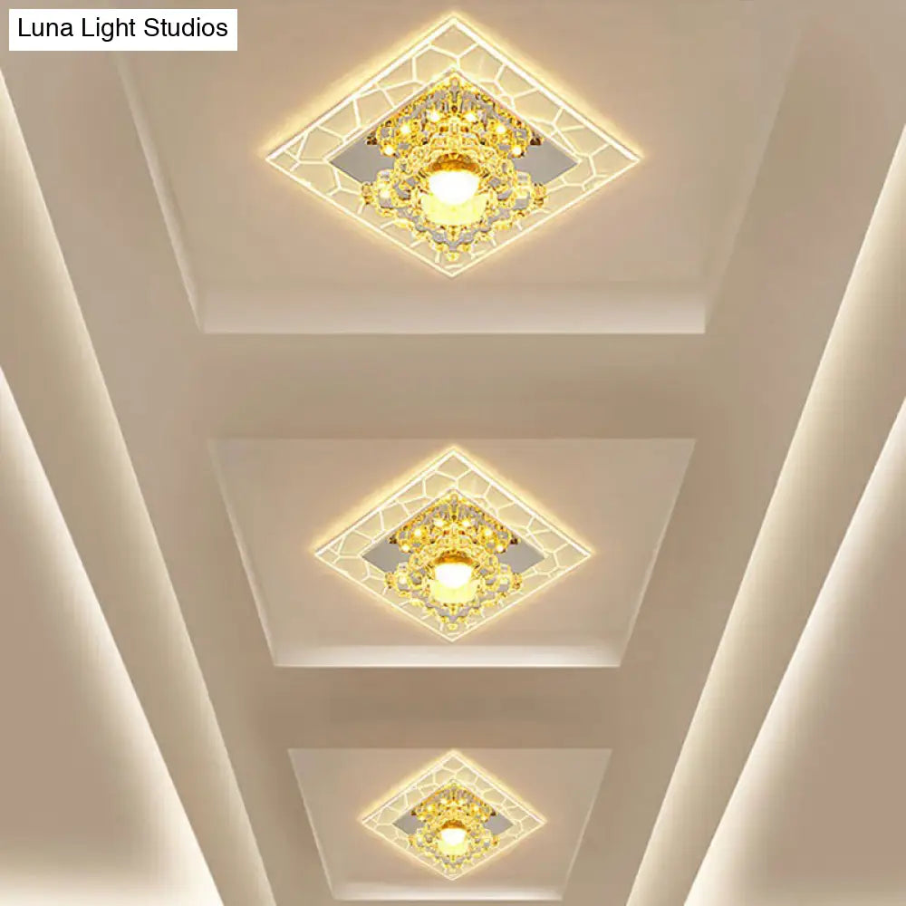 Sleek Square Led Flush Mount Crystal Ceiling Light – Clear Corridor Fixture / 3W Warm