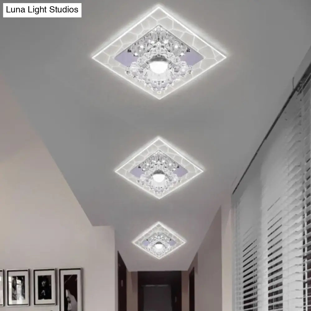 Sleek Square Led Flush Mount Crystal Ceiling Light – Clear Corridor Fixture / 3W White