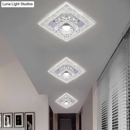 Sleek Square Led Flush Mount Crystal Ceiling Light – Clear Corridor Fixture / 3W White