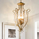 Sleek Swirled Iron Pendant Light With Crystal Stands For Dinning Hall Brass