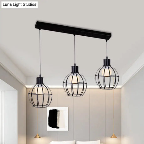 Sleek Vintage Black Metallic Ceiling Lamp - Global Suspended Light With Cage Shade