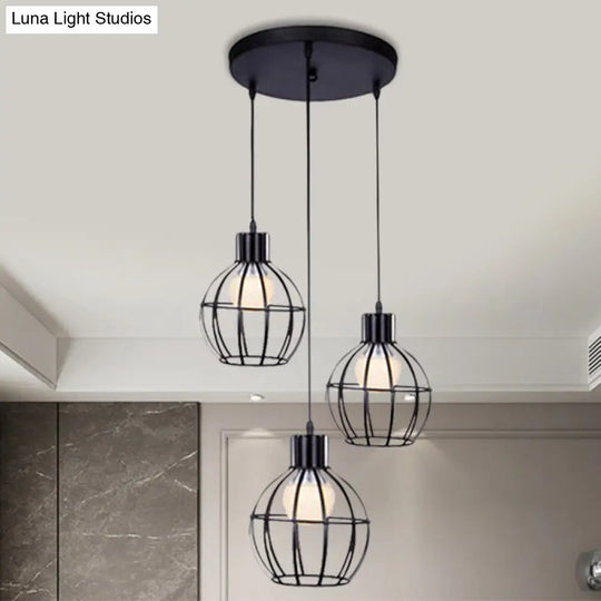 Vintage Black Cage-Style Suspended Ceiling Lamp By 3 Lights Global