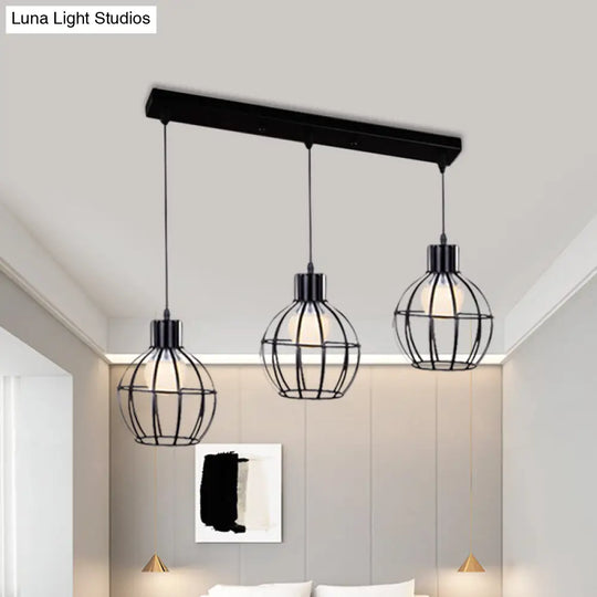Vintage Black Cage-Style Suspended Ceiling Lamp By 3 Lights Global