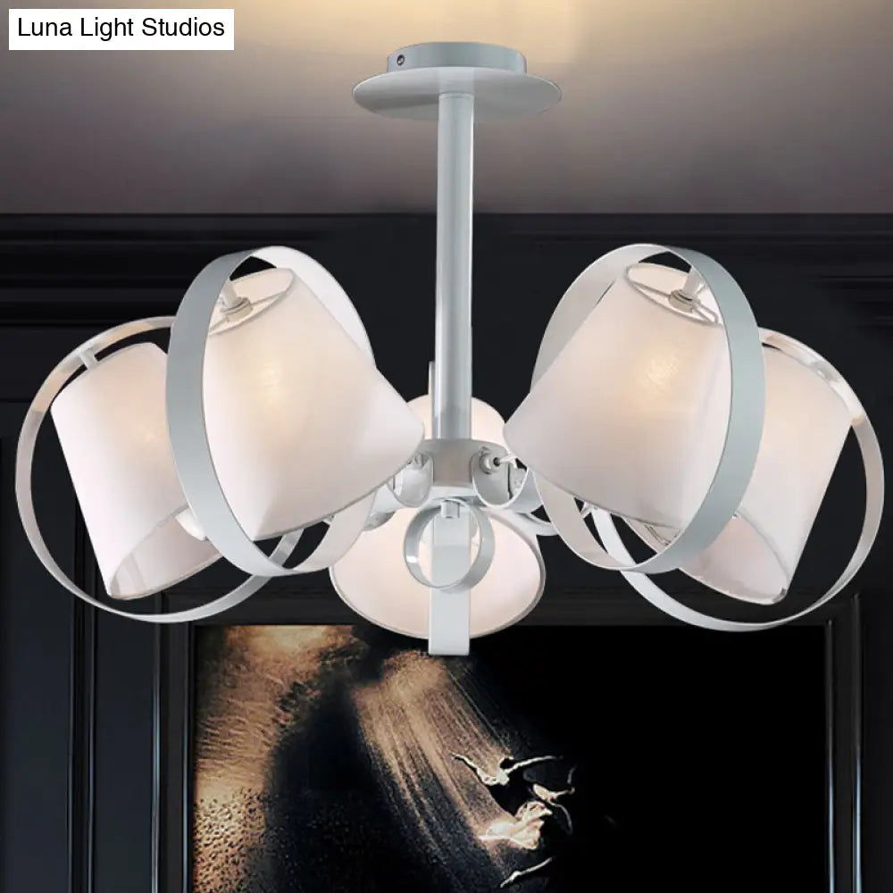 Sleek White Kitchen Flush Mount With 5 Fabric-Head Semi Light And Metal Cage