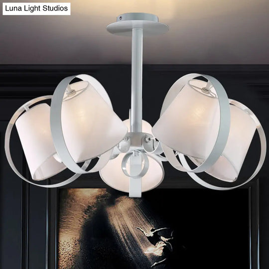 Sleek White Kitchen Flush Mount With 5 Fabric-Head Semi Light And Metal Cage