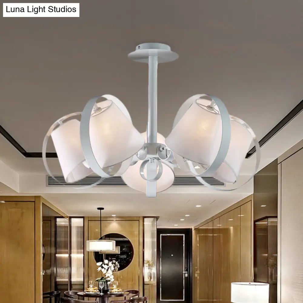Sleek White Kitchen Flush Mount With 5 Fabric-Head Semi Light And Metal Cage
