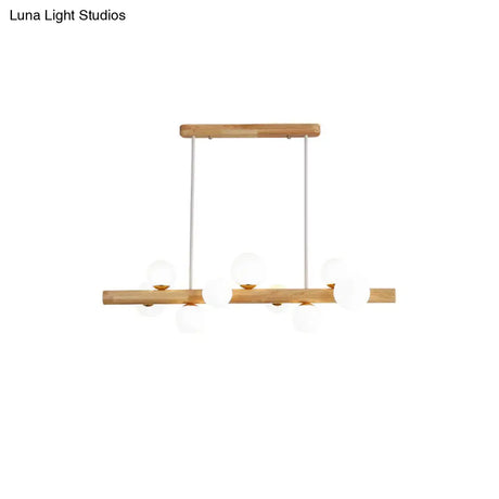 Sleek Wooden Led Ceiling Light: Linear Dining Room Island Chandelier With Cream Glass Shade