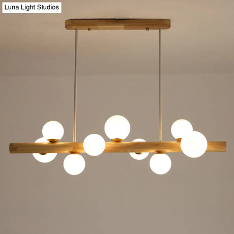 Sleek Wooden Led Ceiling Light: Linear Dining Room Island Chandelier With Cream Glass Shade
