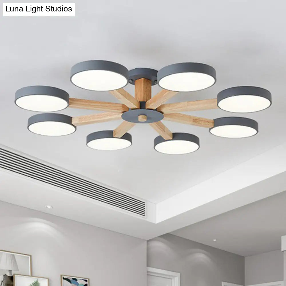 Sleek Wooden Living Room Ceiling Light: 8-Head Macaron Semi Flush Mount With Acrylic Shade Grey