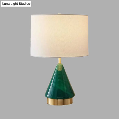 Small Desk Lamp: Contemporary Green Cylinder With Fabric Shade - 1 Bulb Task Lighting