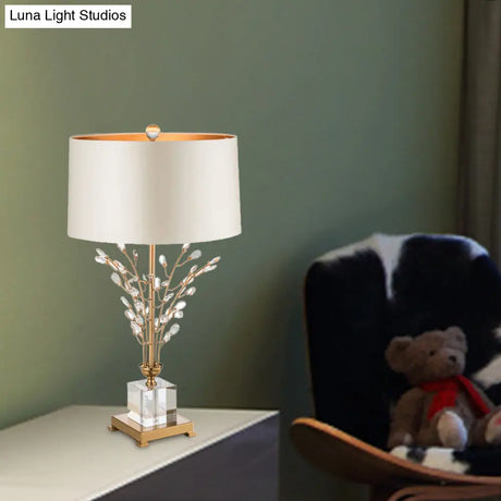 Small Gold Desk Lamp With Crystal Leaf - Modern Fabric Drum Table Light