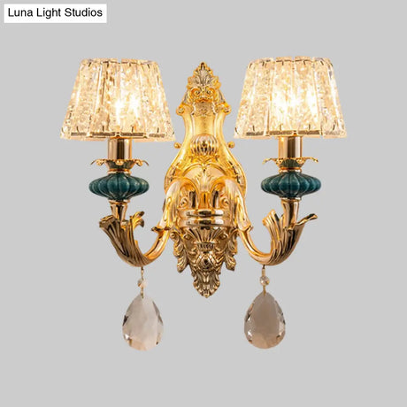 Small Gold Drum Wall Mount Traditional Seedy Crystal Bedroom Lamp Fixture