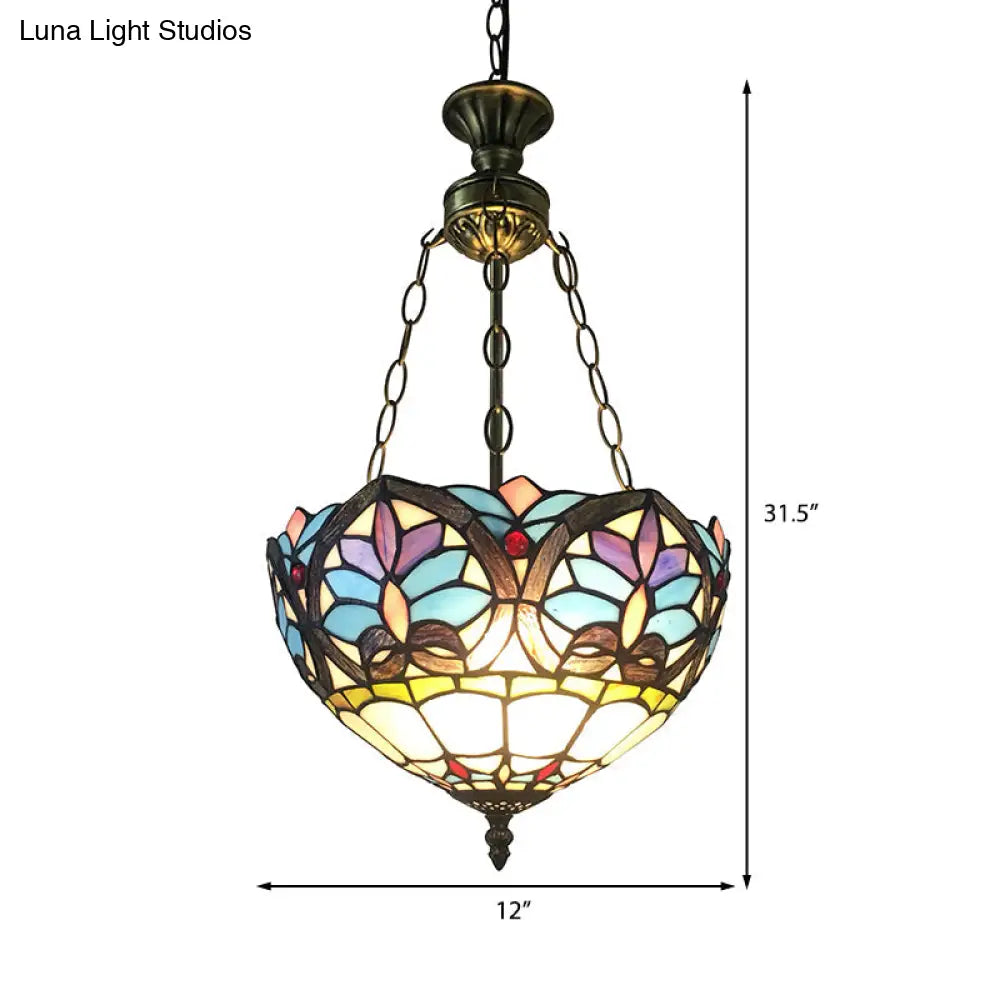 Small LED Pendant Lights Antique Brass Ceiling Fixture with Adjustable 2 Lights and Stained Glass Shade in Baroque