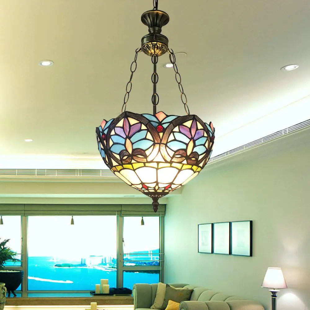Small LED Pendant Lights Antique Brass Ceiling Fixture with Adjustable 2 Lights and Stained Glass Shade in Baroque