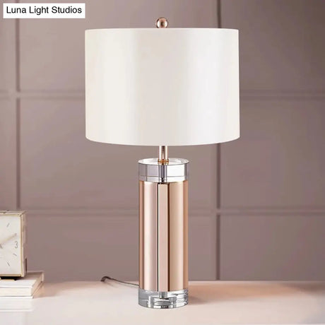Small Rose Gold Desk Lamp - Modern Fabric Shade Straight Sided Design