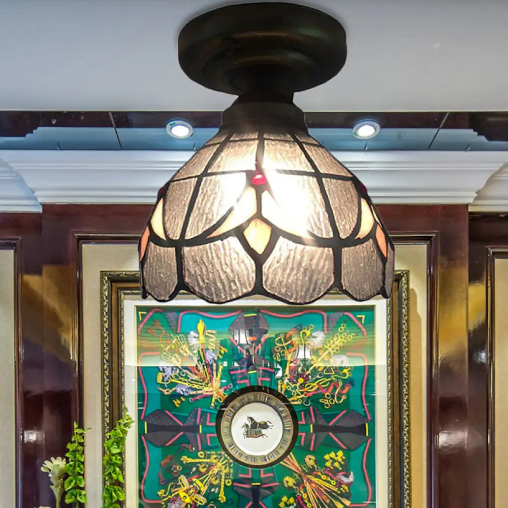 Small Tiffany Glass Ceiling Mount Light With Clear Grid Bowl - Ideal For Corridors (1 Bulb)