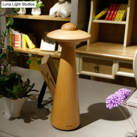 Small Wood Led Desk Lamp: Modernist Mushroom Table Light In Beige - Ideal For Living Room
