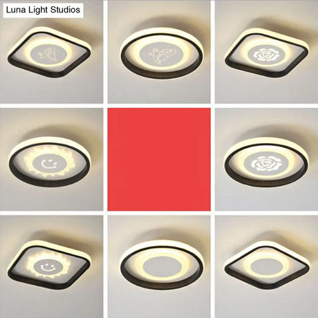 Smile/Anchor/Panda Pattern Circular Led Flush Ceiling Mount Lamp In Cartoon Acrylic Black
