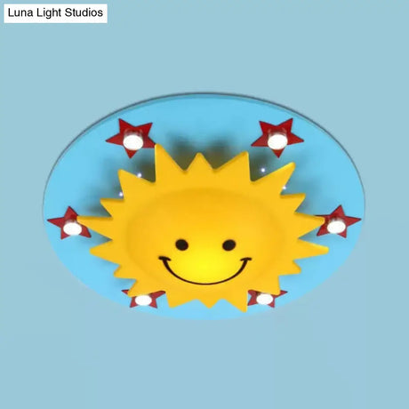 Smiling Sun Flush Ceiling Light In Yellow For Game Room - Cartoon Design Wood Finish
