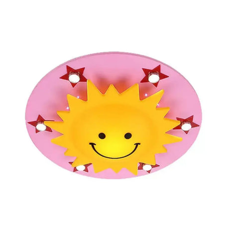 Smiling Sun Flush Ceiling Light In Yellow For Game Room - Cartoon Design Wood Finish Pink / D