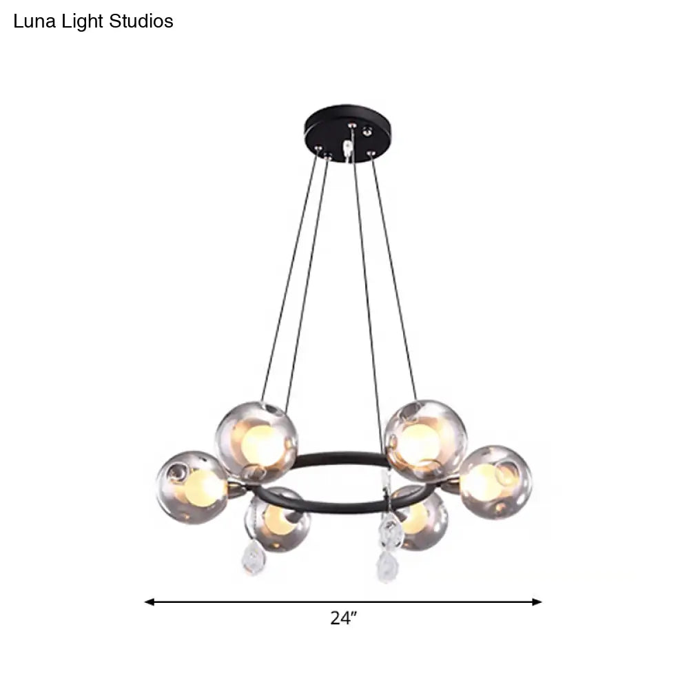 Smoke Glass Modernist Ball Chandelier Pendant With 6/8 Led Lights Black Finish