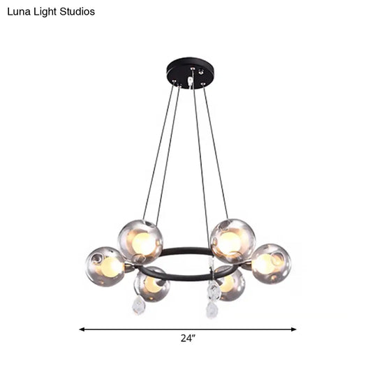 Smoke Glass Modernist Ball Chandelier Pendant With 6/8 Led Lights Black Finish