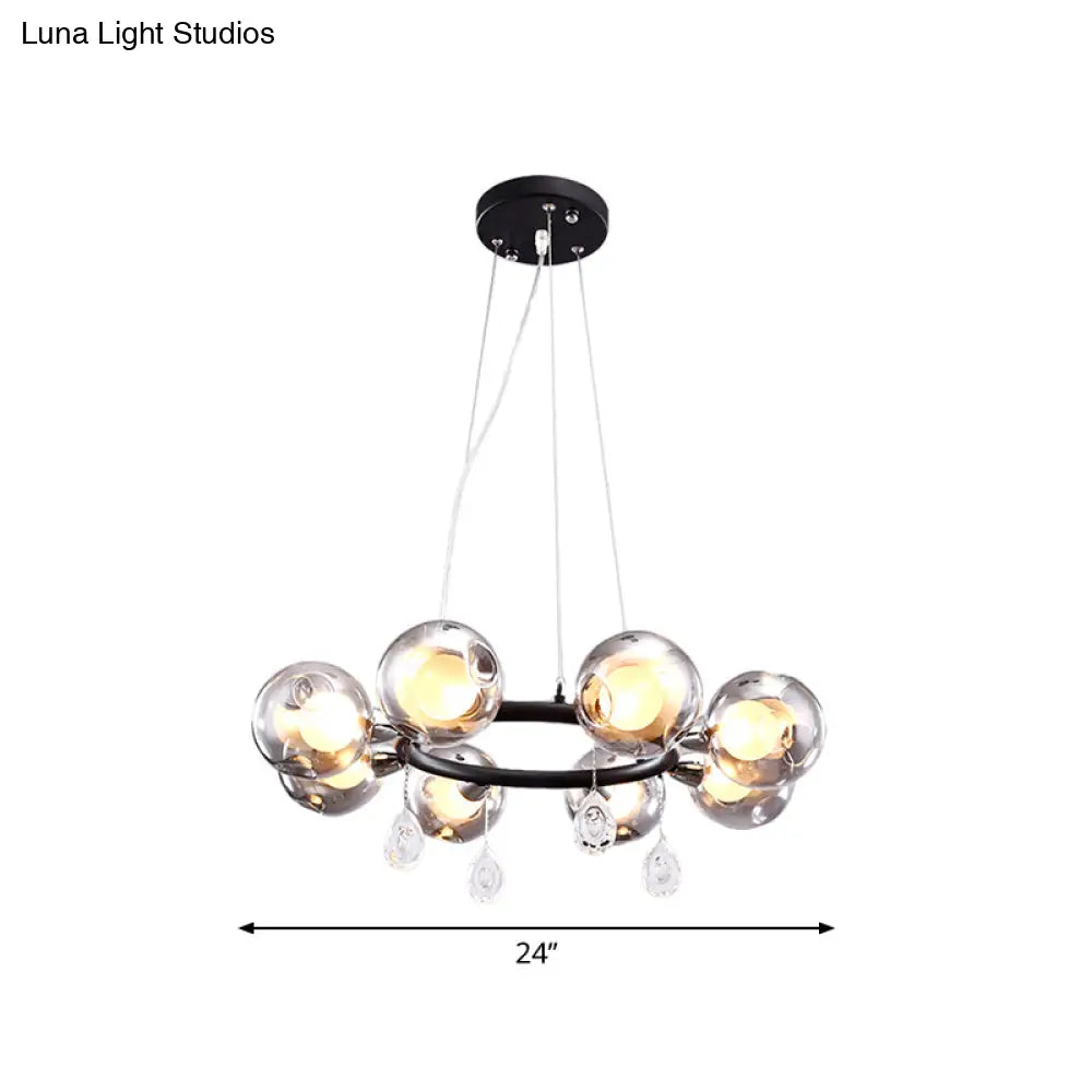 Smoke Glass Modernist Ball Chandelier Pendant With 6/8 Led Lights Black Finish
