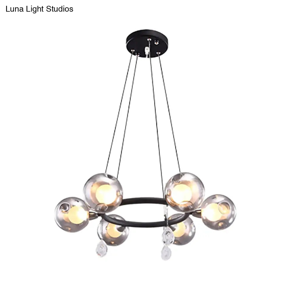 Smoke Glass Modernist Ball Chandelier Pendant With 6/8 Led Lights Black Finish