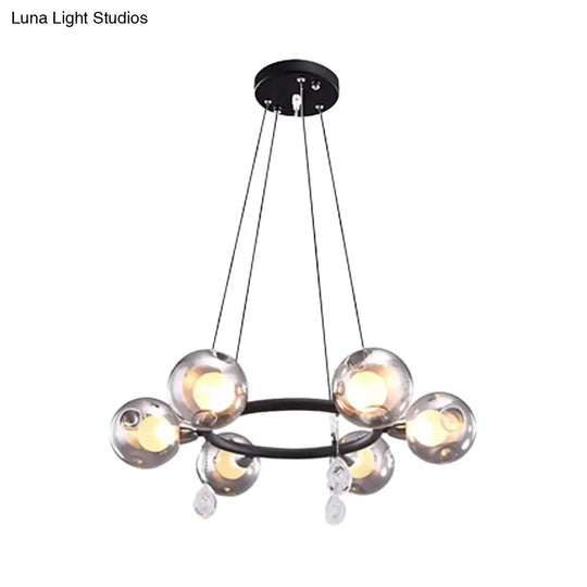 Smoke Glass Modernist Ball Chandelier Pendant With 6/8 Led Lights Black Finish