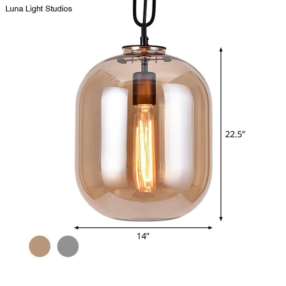 Industrial Oblong Ceiling Light - 1 Head 10/14 Wide Smoke Gray/Cognac Glass Suspension Pendant