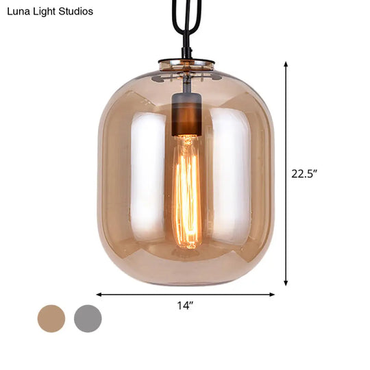 Industrial Oblong Ceiling Light - 1 Head 10/14 Wide Smoke Gray/Cognac Glass Suspension Pendant