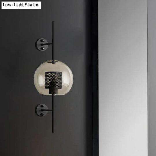 Smoke Gray Glass Colonial Sphere Wall Sconce - Black Finish Cylinder Wire Mesh Inside 8/10 Wide